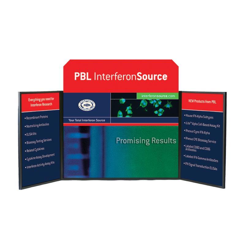Three-panel folding trade show display featuring PBL InterferonSource branding and product information for exhibitions