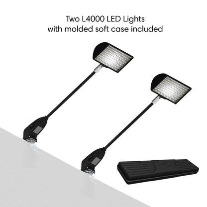 Two L4000 LED lights with clamps for trade show displays and a molded soft carrying case