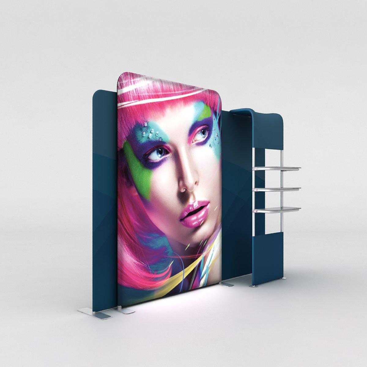 LED backlit trade show display with vibrant graphic panel and integrated shelving for exhibitions