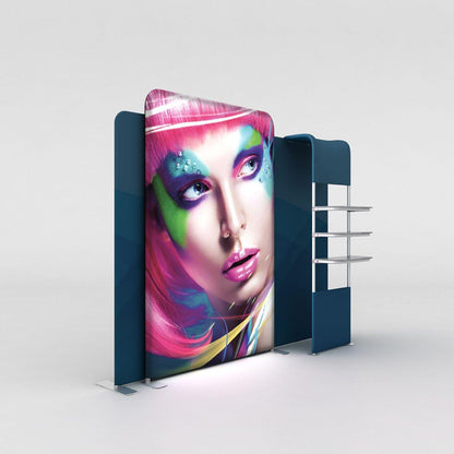 LED backlit trade show display with vibrant graphic panel and integrated shelving for exhibitions