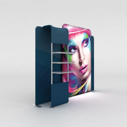 Curved LED backlit display with shelves showcasing vibrant graphic, ideal for trade shows and exhibitions