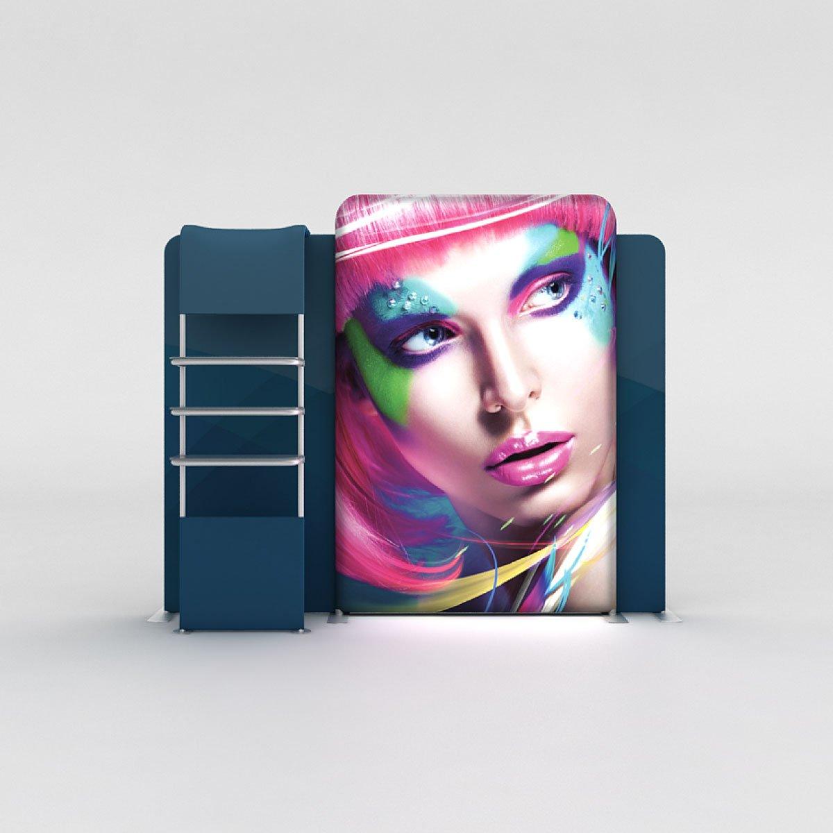 Trade show LED backlit display featuring artistic portrait with shelving for exhibitions and events