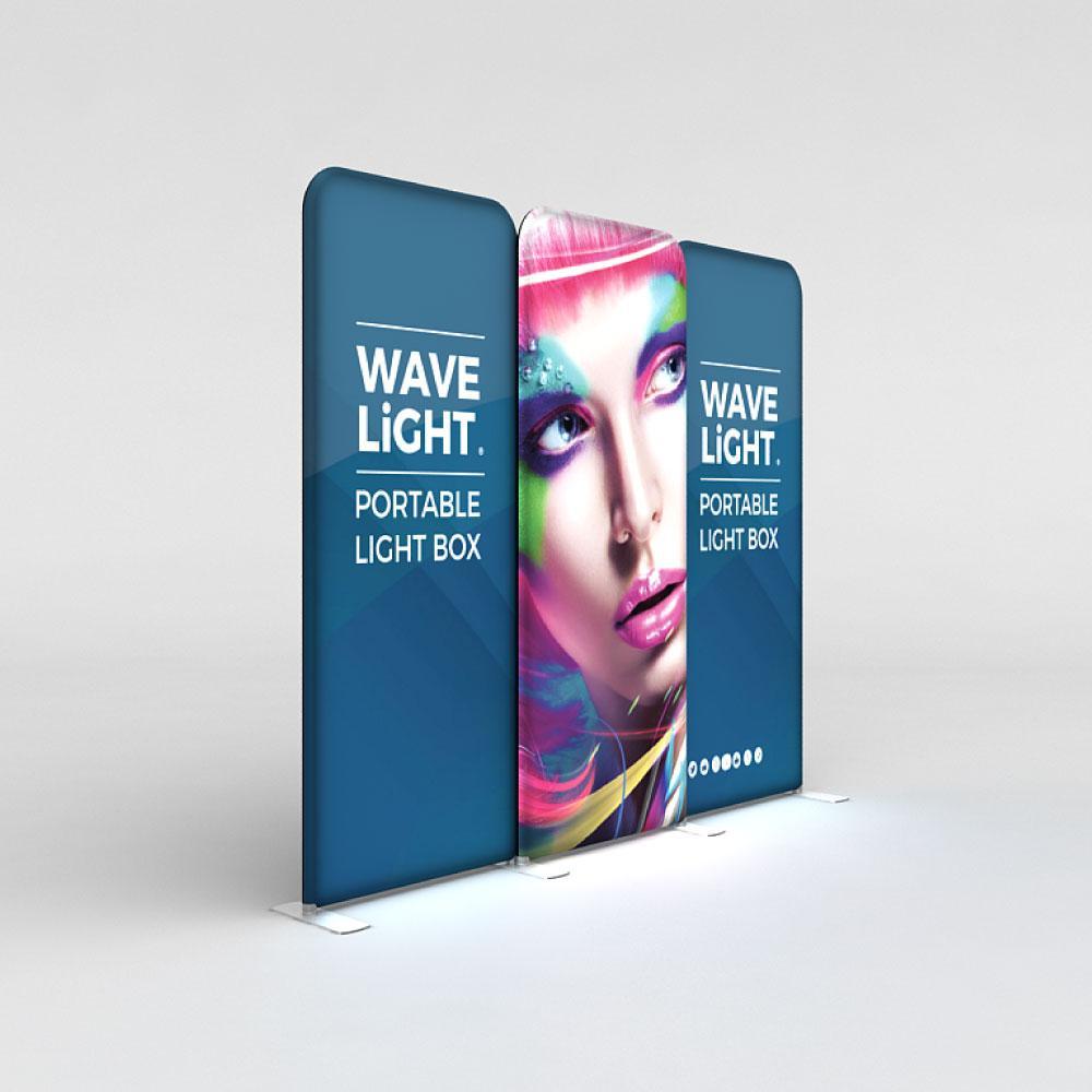 Portable LED light box display featuring vivid graphics for trade show and exhibition signage