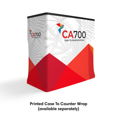 Printed case to counter wrap for trade shows and exhibitions with branded design and geometric accents