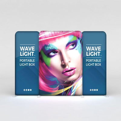 Portable WaveLight LED backlit display setup featuring central graphic panel and two side light boxes for trade shows