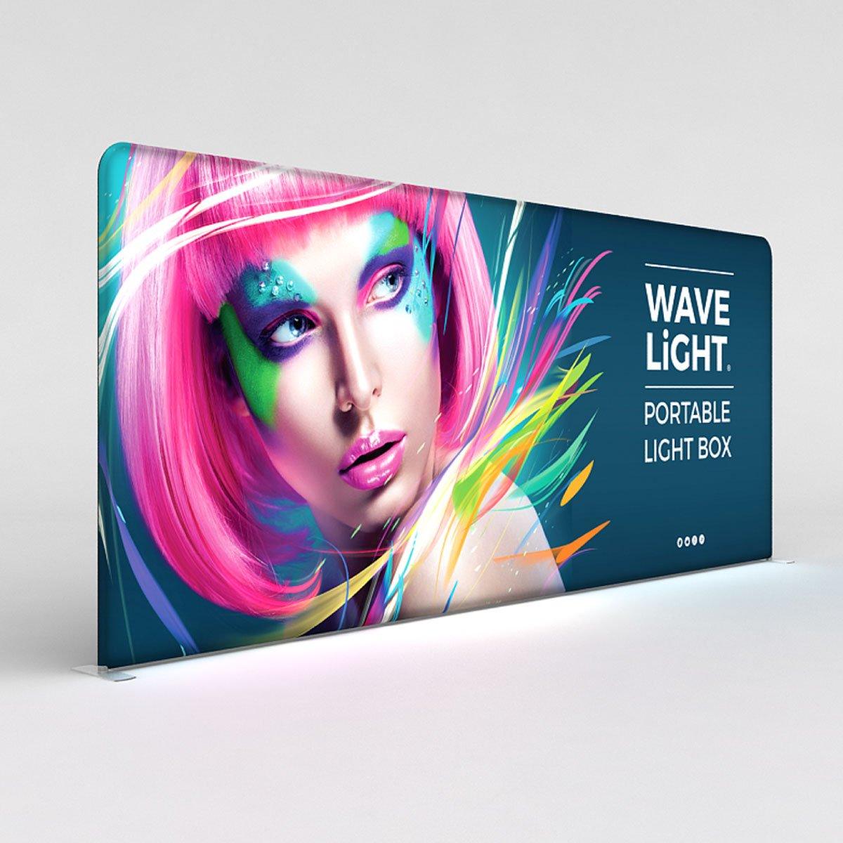 Large portable LED light box display featuring vibrant modern artwork for trade shows and exhibitions