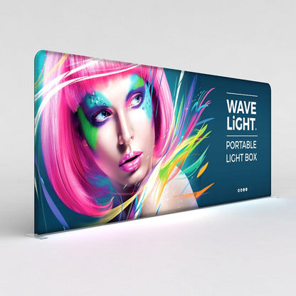 Large portable LED light box display featuring vibrant modern artwork for trade shows and exhibitions