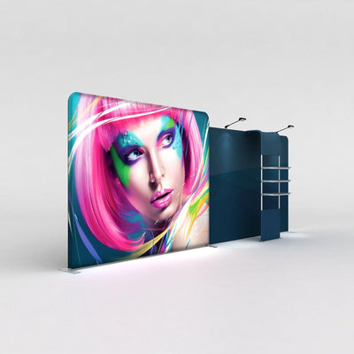 LED backlit trade show display featuring vibrant portrait graphic and integrated shelving for exhibitions