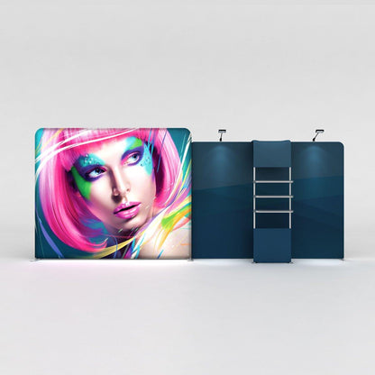 Backlit LED trade show display featuring vibrant graphic and shelving for exhibition booths and events