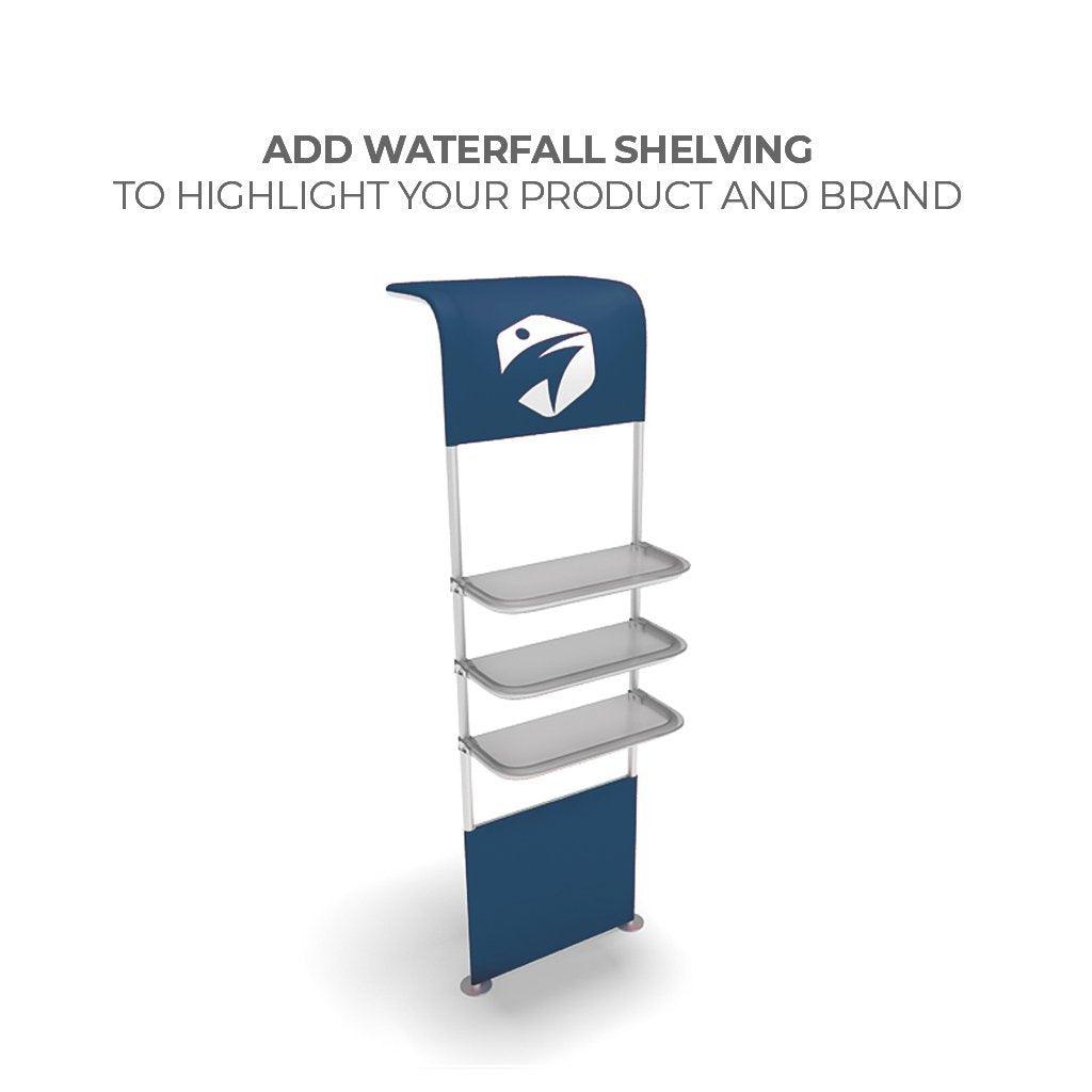 Waterfall shelving display unit with three shelves for showcasing products at trade shows and exhibitions