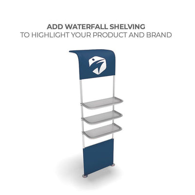 Waterfall shelving display unit with three shelves for showcasing products at trade shows and exhibitions