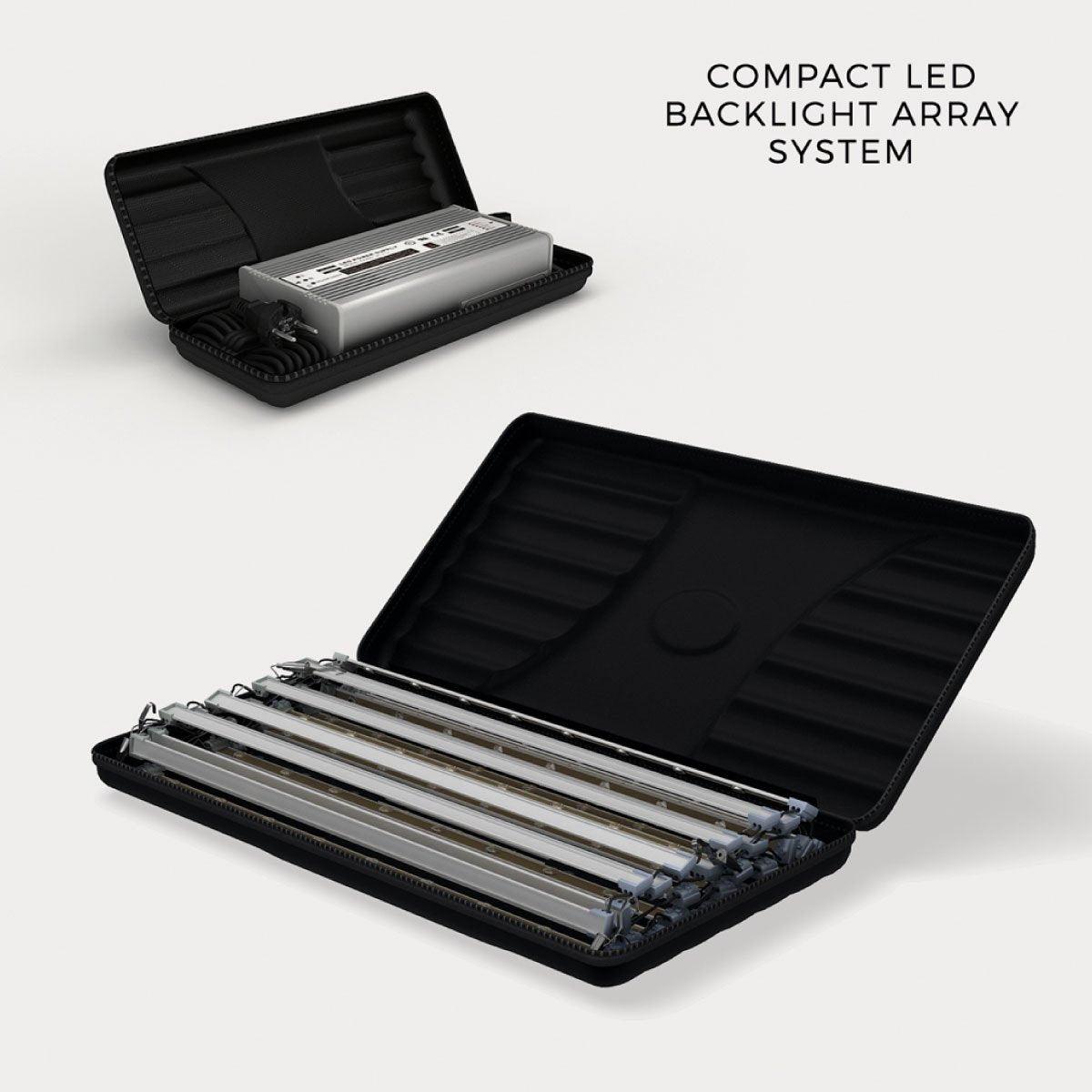 Compact LED backlight array system in protective case designed for trade shows exhibitions and events