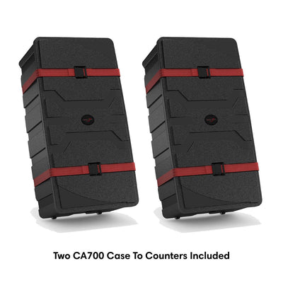 Two durable transport cases for trade show counters with securing straps for easy exhibition setup