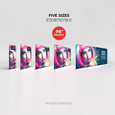 Five sizes of WaveLight portable LED light boxes for trade shows and exhibitions with vibrant graphics