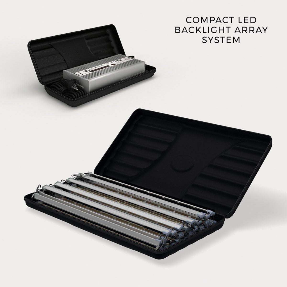 Compact LED backlight array system in protective cases for trade show and exhibition lighting