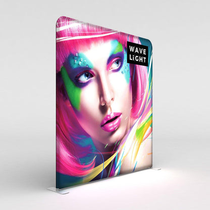 Backlit fabric trade show display featuring colorful artistic portrait for exhibitions and events