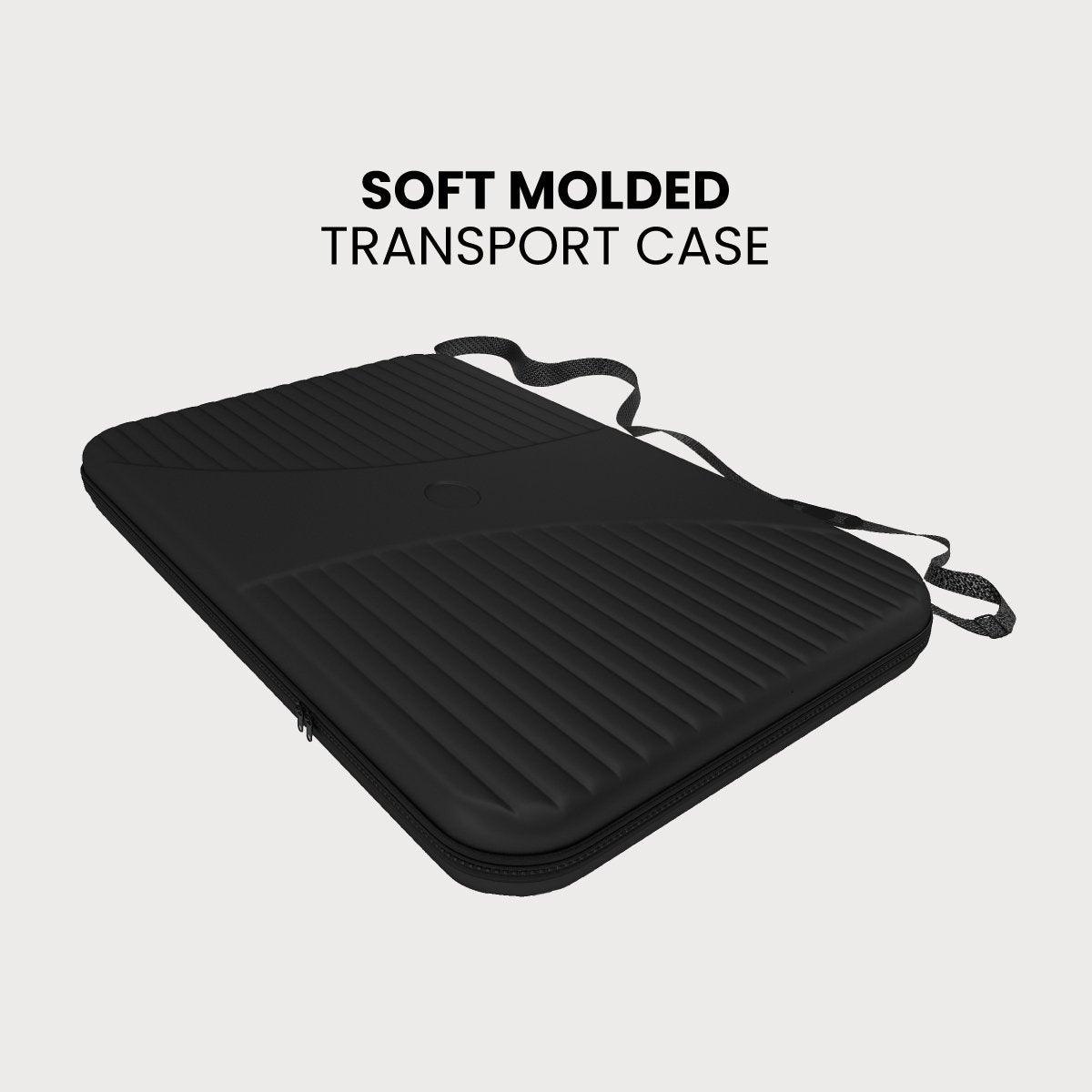 Soft molded transport case with shoulder strap designed for trade shows and exhibitions