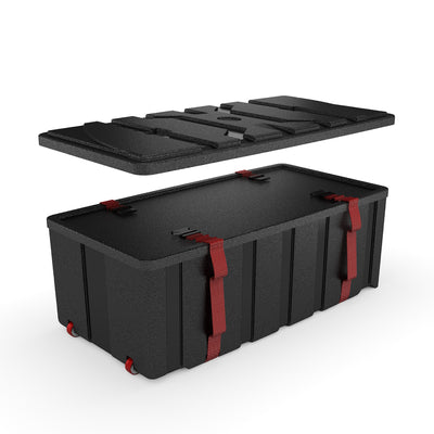 Durable transport case with removable padded insert and secure straps for trade show and exhibition equipment