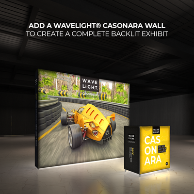 Backlit exhibit wall with a racing car graphic and a light box counter for trade shows and exhibitions