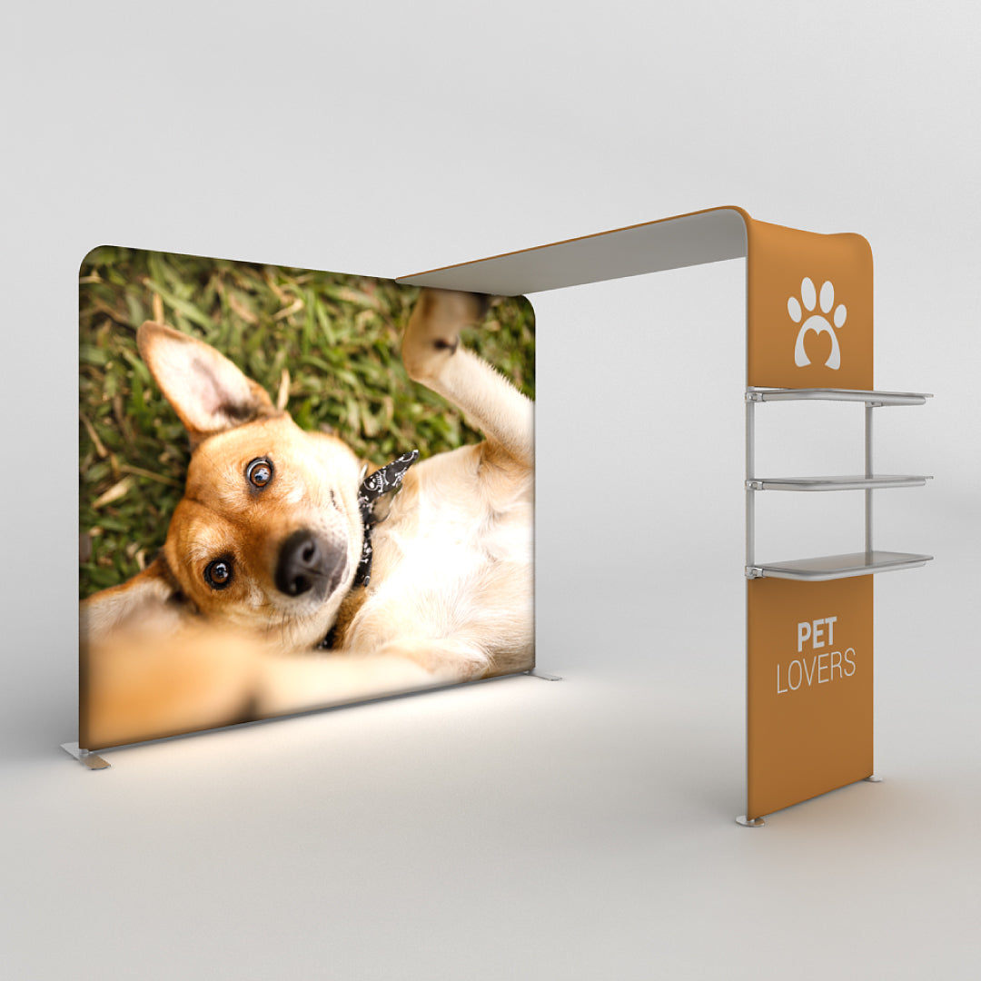 Curved trade show display with promotional pet image and shelving for exhibitions and special events