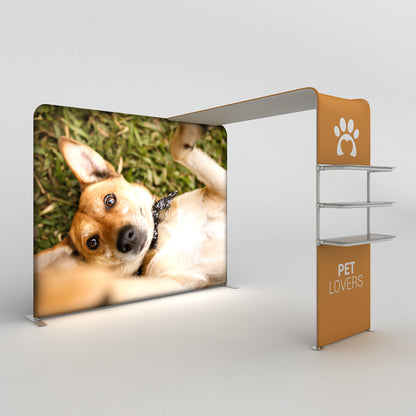 Curved trade show display with promotional pet image and shelving for exhibitions and special events