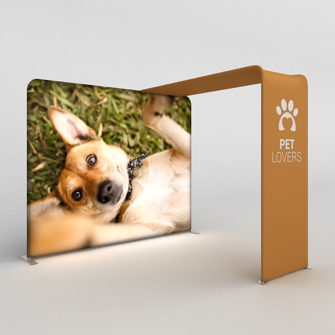 Large trade show canopy featuring pet lovers branding and dog image backdrop for exhibitions and events