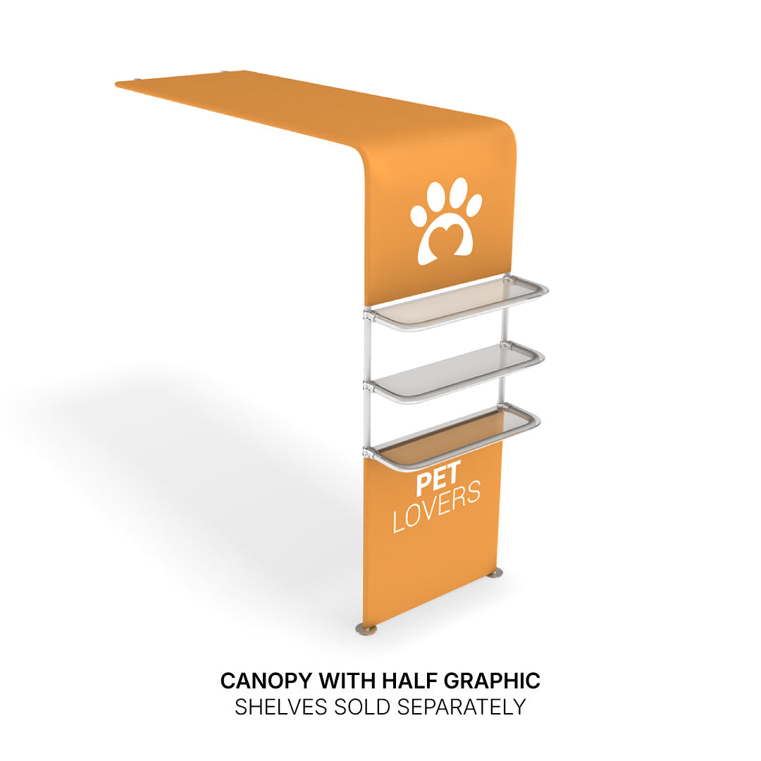 Trade show canopy with half graphic and three display shelves for exhibitions and special events