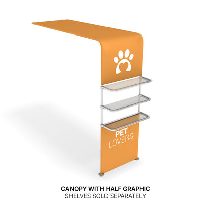 Trade show canopy with half graphic and three display shelves for exhibitions and special events