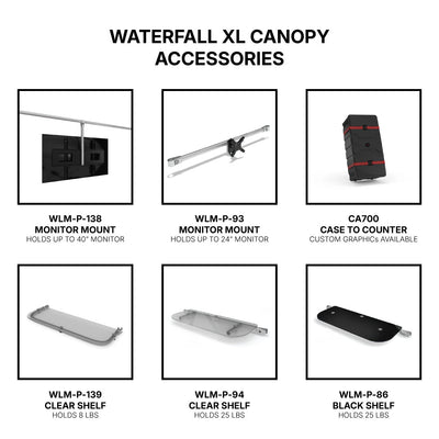 Trade show canopy accessories including monitor mounts and shelves designed for exhibitions and special events.