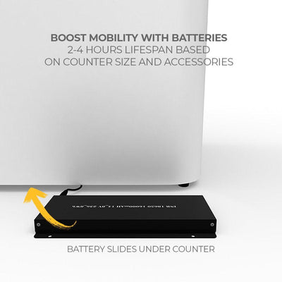 Portable lithium battery sliding under trade show counter for 2-4 hour event power