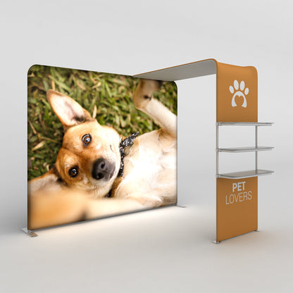 WaveLight trade show canopy with pet lovers graphic and display shelves for exhibitions and events