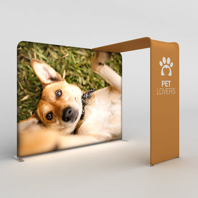 Trade show canopy with large pet-themed graphic and curved exhibition display for special events