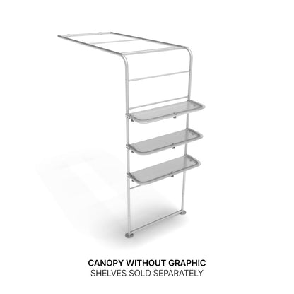 Trade show canopy frame with three attached display shelves, ideal for exhibitions and events