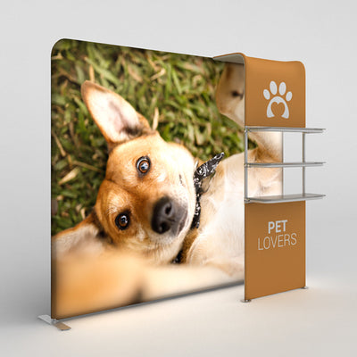 Trade show display featuring large dog image and shelving for pet lovers exhibitions and events