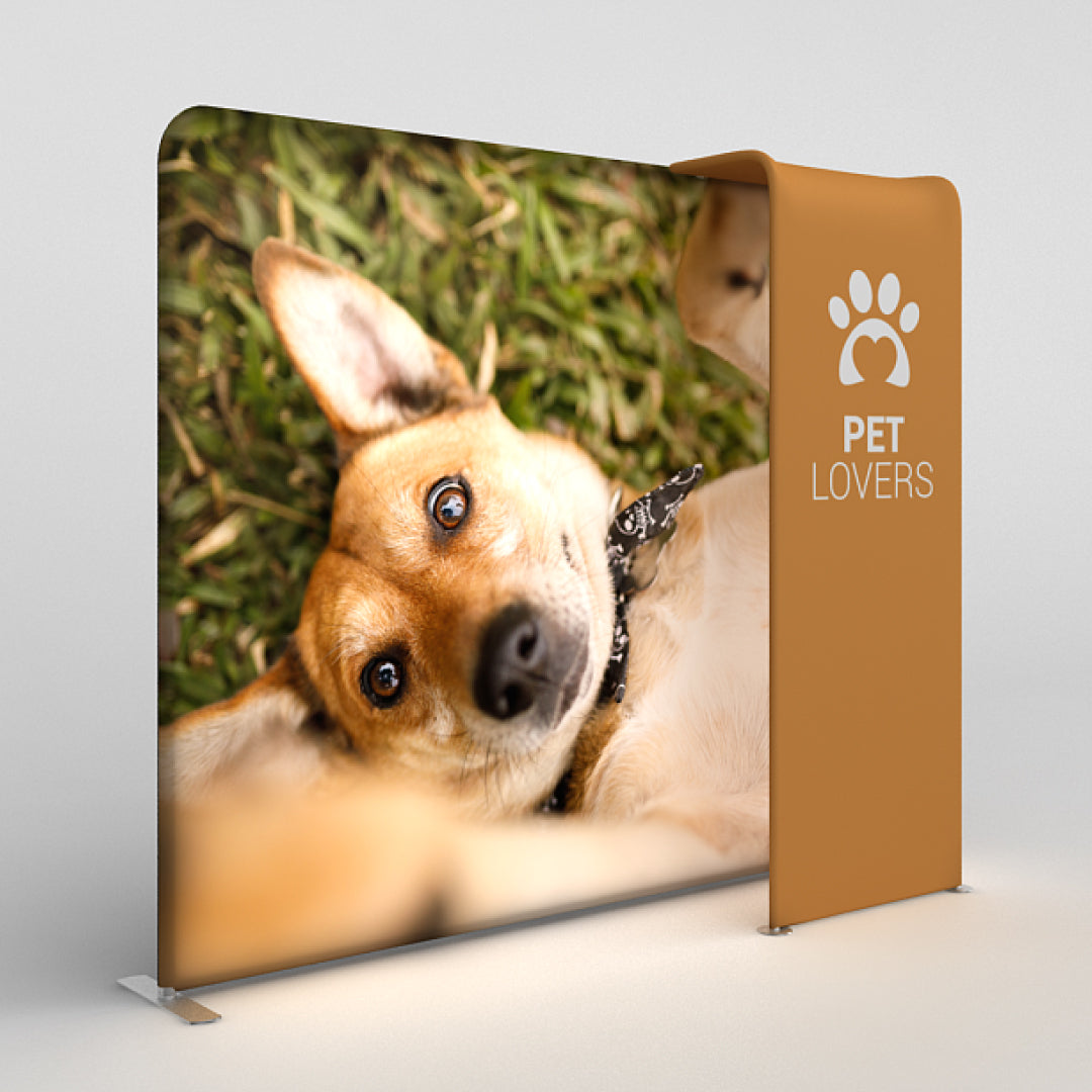 Trade show display with large dog image and pet lovers branding for exhibitions and events