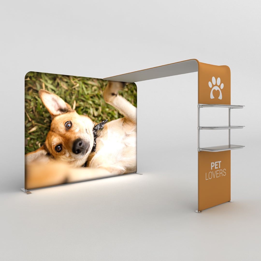 Trade show display featuring large dog image with shelves and pet lovers branding for exhibitions