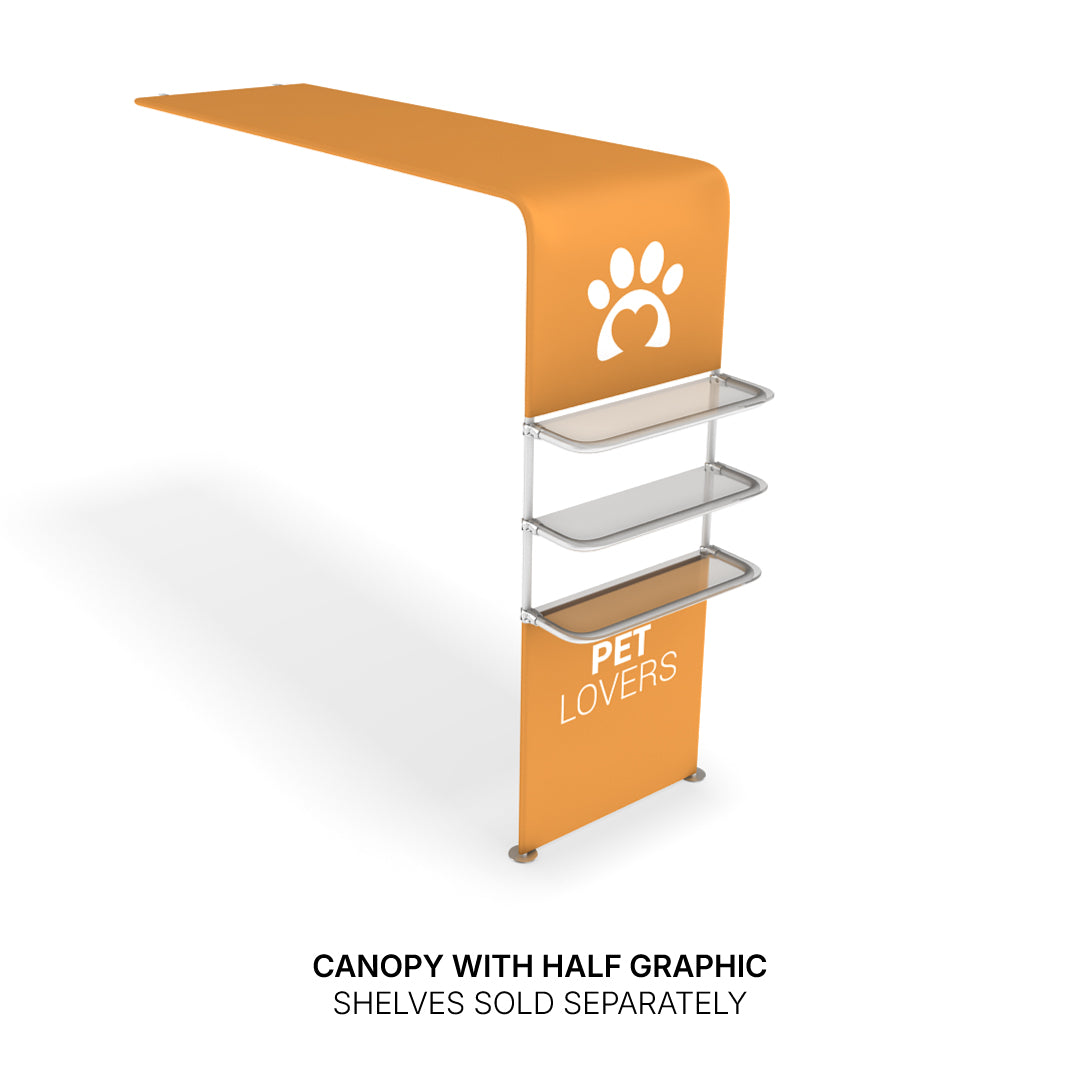 Trade show canopy with branded graphic and attached display shelves for exhibitions and special events