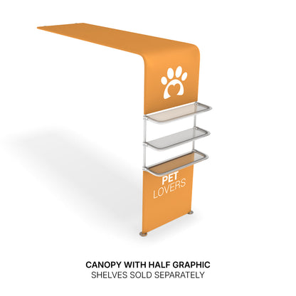 Trade show canopy with branded graphic and attached display shelves for exhibitions and special events