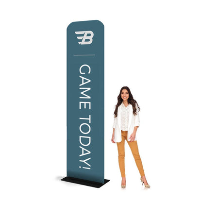Tall freestanding banner stand with welcome message and woman, ideal for trade shows and exhibitions