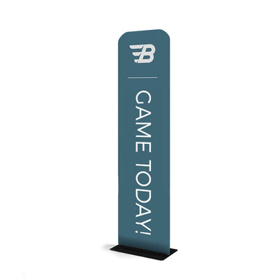 Tall rectangular banner stand with logo and 'GAME TODAY!' text for trade shows and events