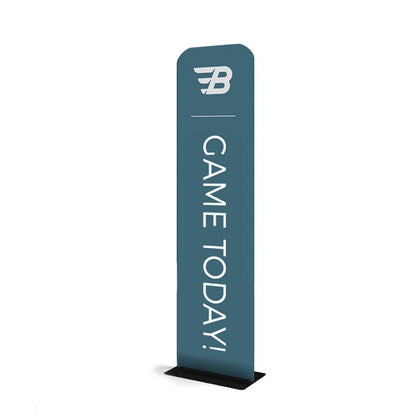 Tall rectangular banner stand with logo and 'GAME TODAY!' text for trade shows and events