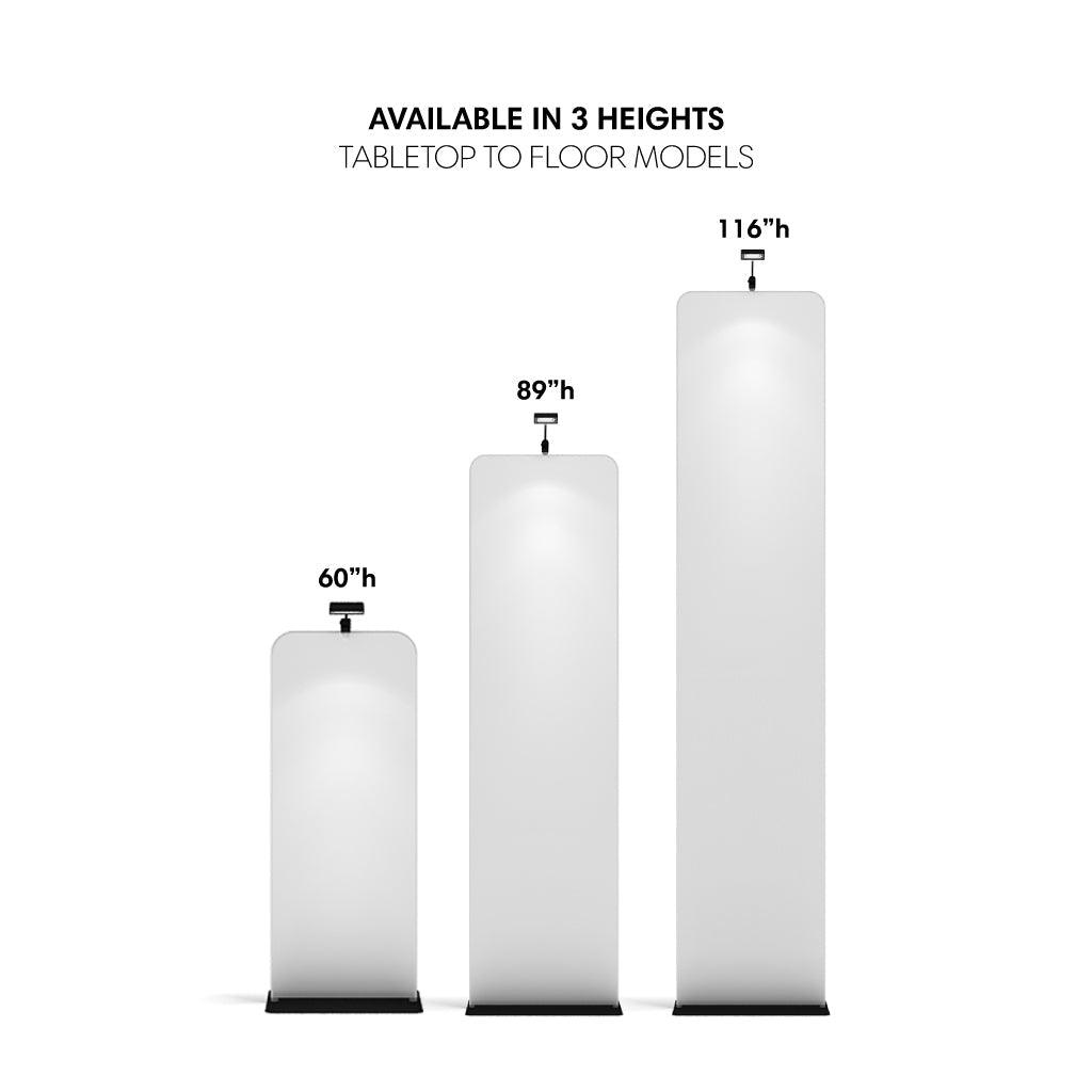 Three blank trade show banner stands in different heights with clip lights, suitable for exhibitions and events