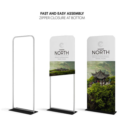 Trade show banner stand with easy assembly and zipper closure, showcasing travel tour graphics