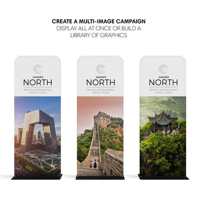 Three trade show banner stands featuring travel tour graphics promoting private international travel services