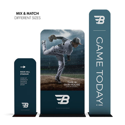 Standing banner displays for trade shows featuring baseball pitcher and event promotions in various sizes
