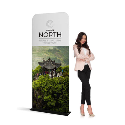 Trade show banner stand featuring private international travel tours with scenic pagoda and landscape image