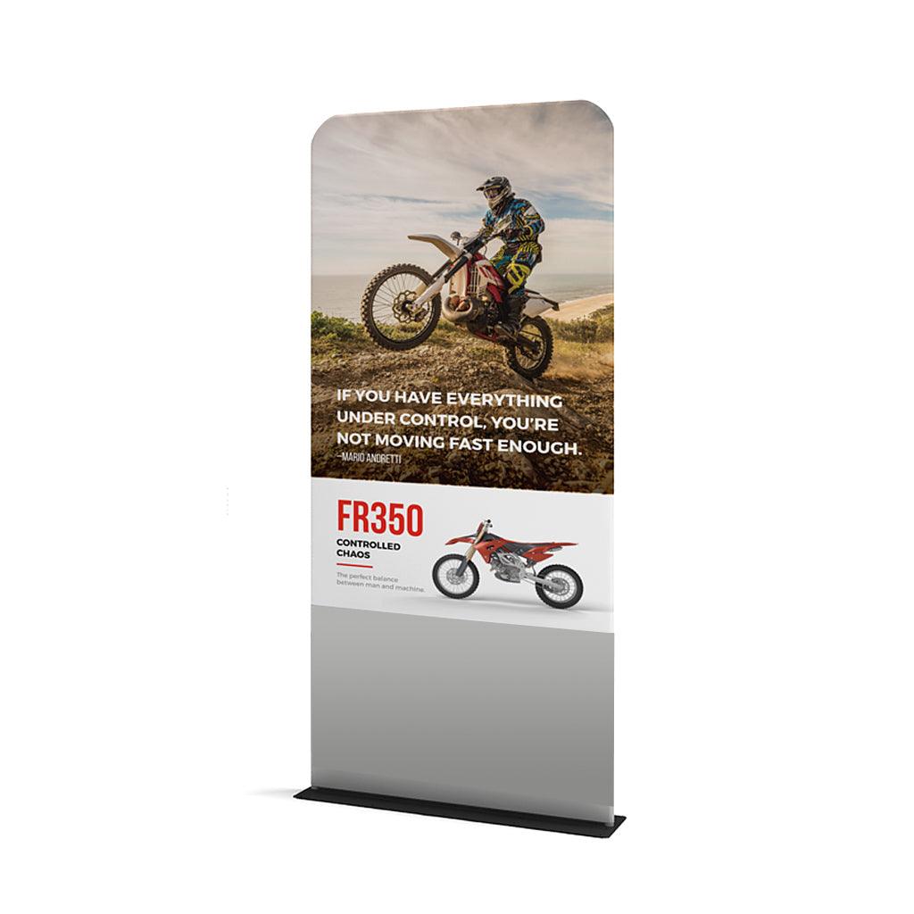 Trade show banner stand featuring motocross rider and FR350 bike promotion for exhibitions and events