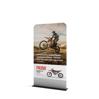 Tradeshow banner stand featuring motocross bike and rider on rugged terrain, ideal for exhibitions and events