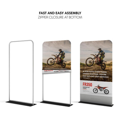 Trade show banner stand with motorcycle graphic, easy assembly, ideal for exhibitions and events