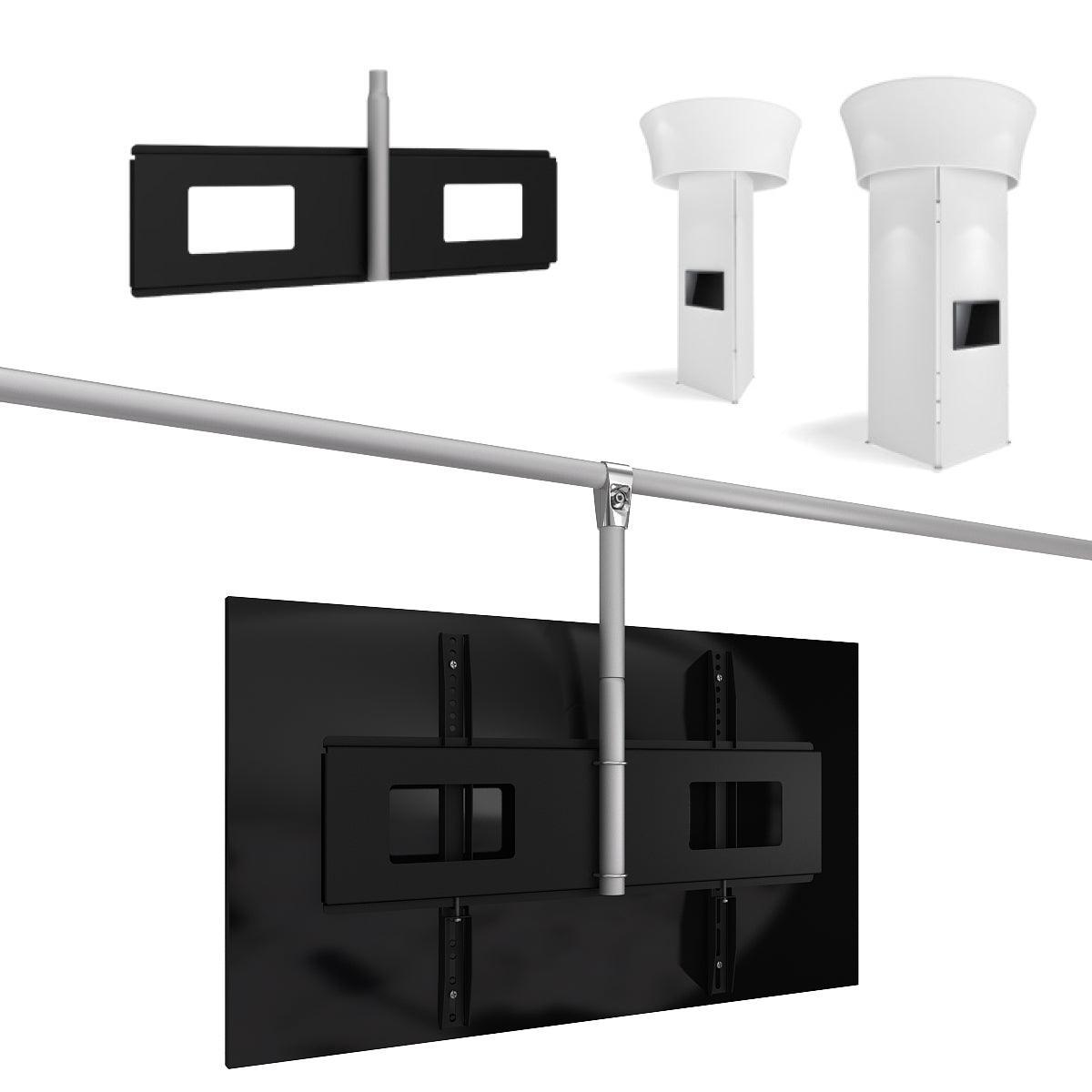 Monitor mount attached to trade show structure poles with examples of trade show booth towers in background